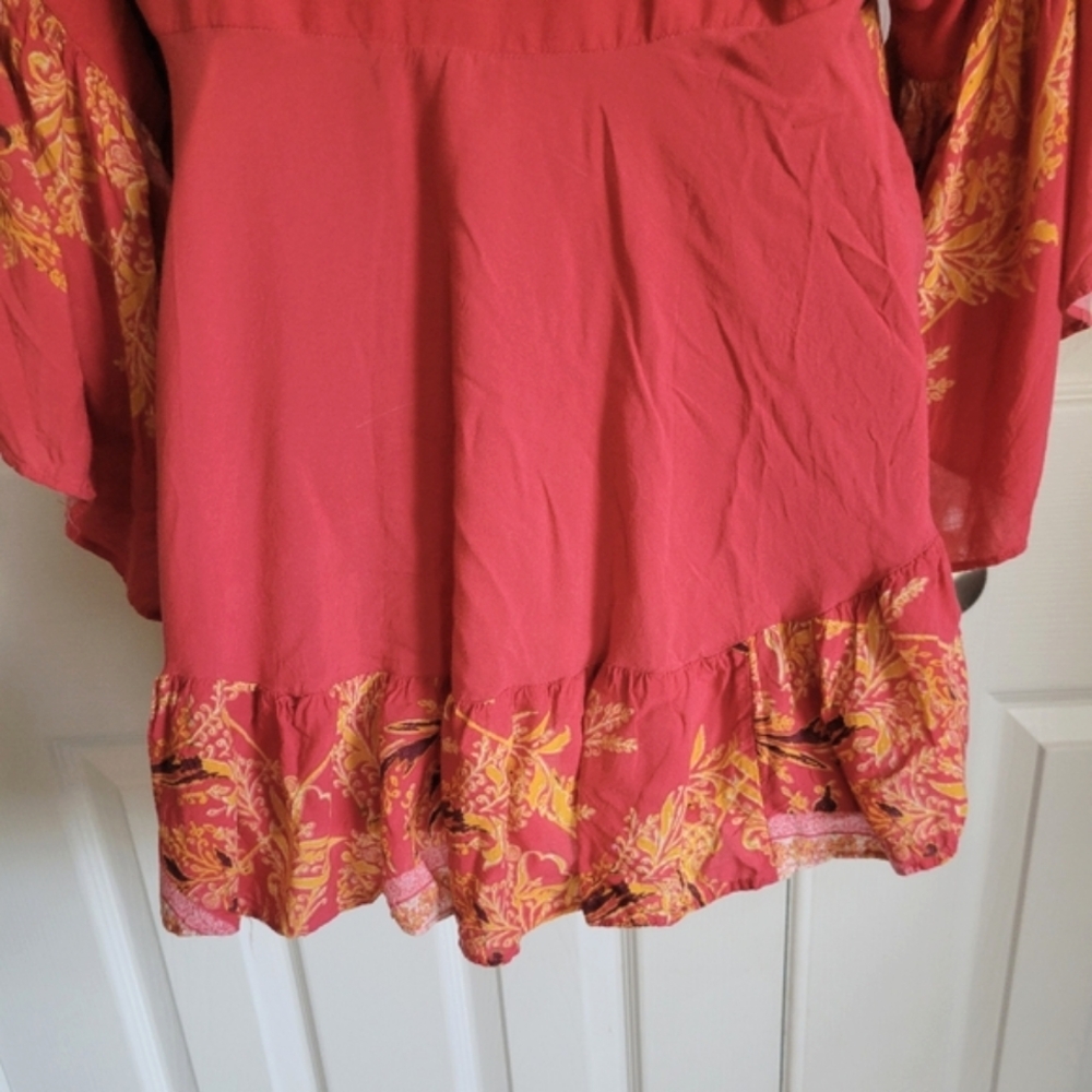 Free People Sunset Dreams boho print bell sleeve salmon color top women's‎ XS - Picture 14 of 16